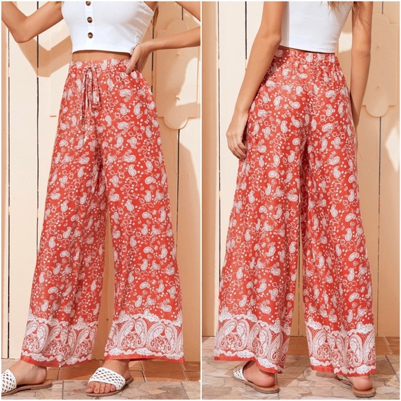 boho orange paisley print palazzo wide leg pants - Picture 2 of 3